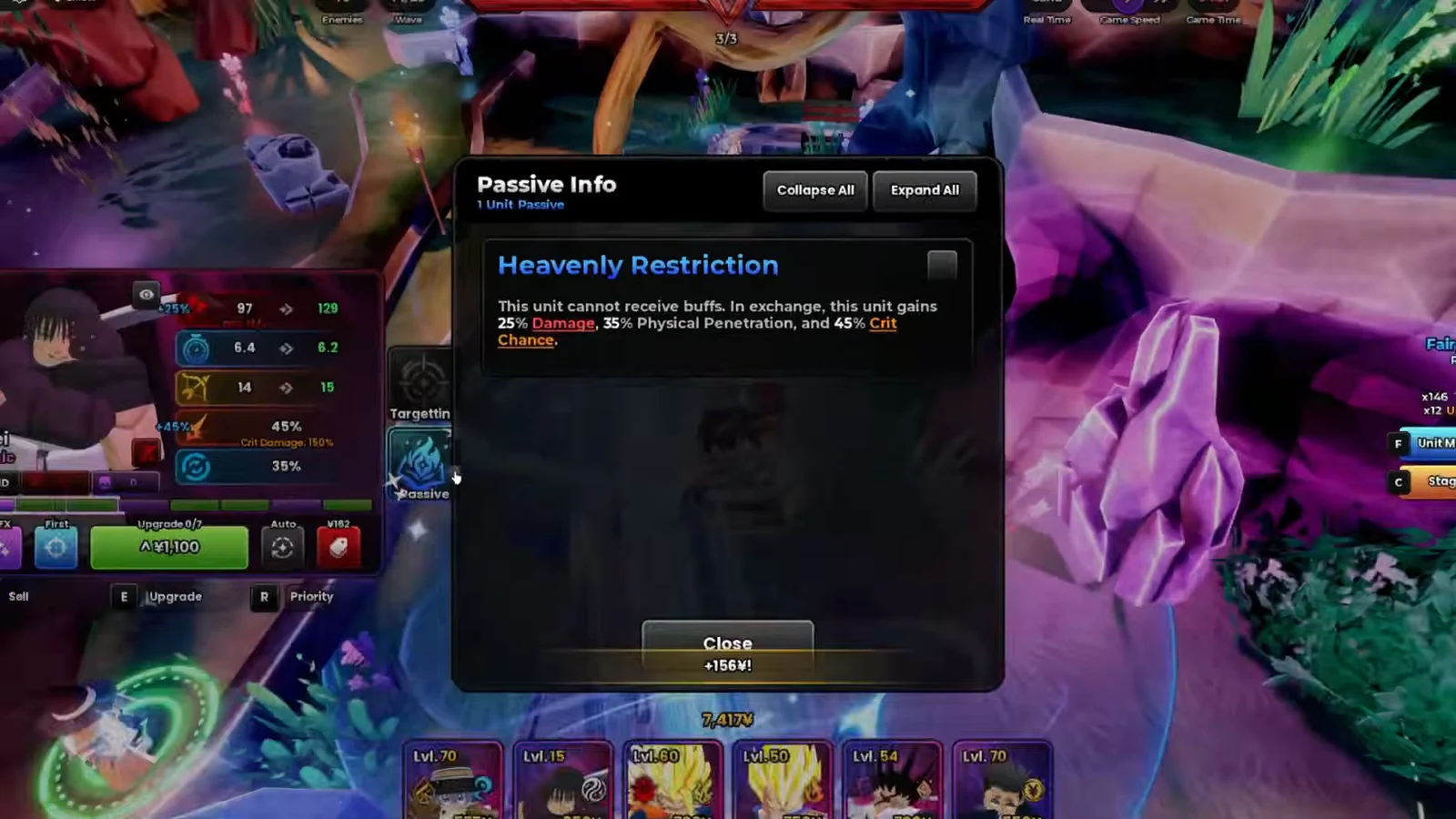 Passive Info panel in Anime Origins showing the Heavenly Restriction passive description