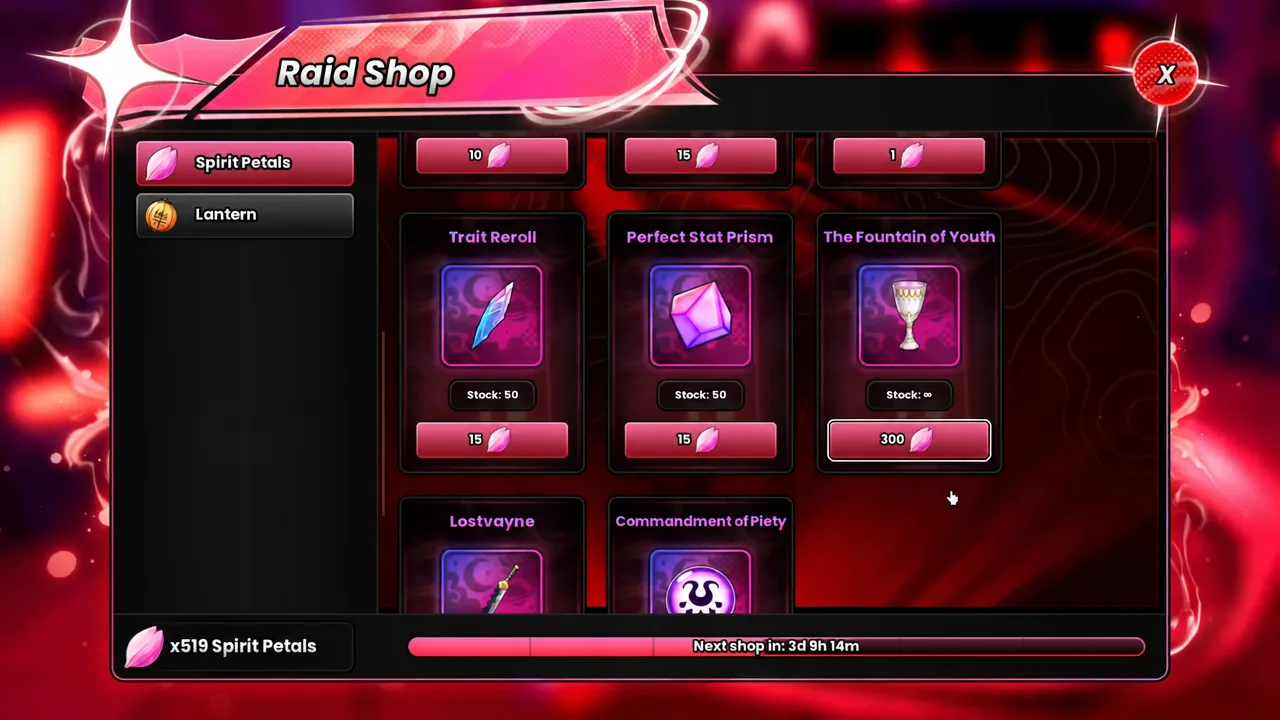 Raid Shop in Anime Origins with The Fountain of Youth priced at 300 Spirit Petals