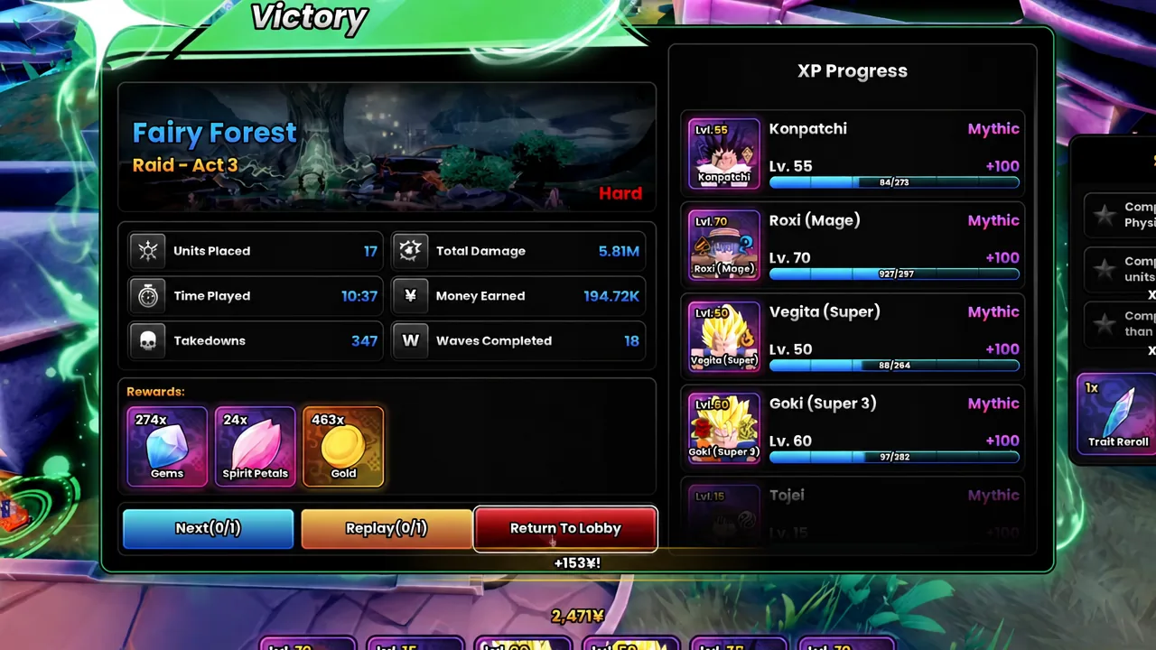 Raid victory screen in Anime Origins with the Return To Lobby button highlighted