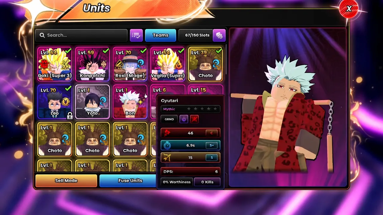 Anime Origins Units screen showing a selected unit's detail and stat panel next to the roster
