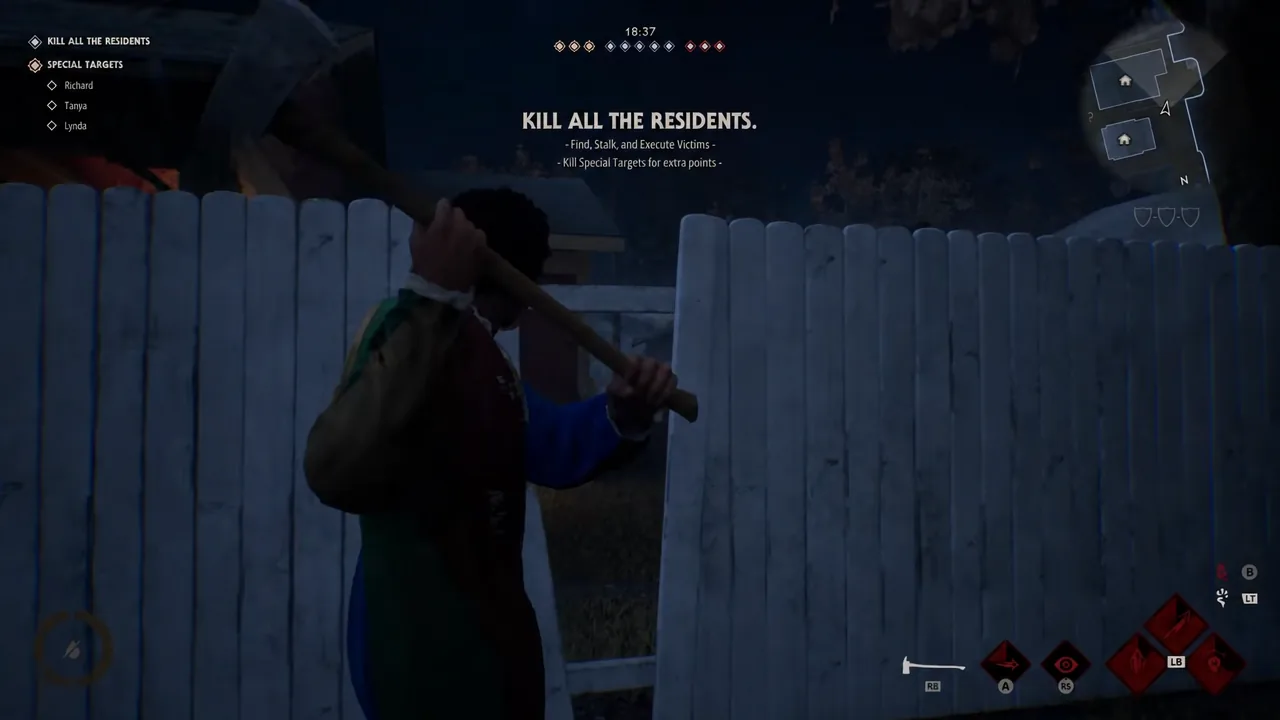Michael swings at a resident through a broken wooden fence with the kill all residents objective on screen