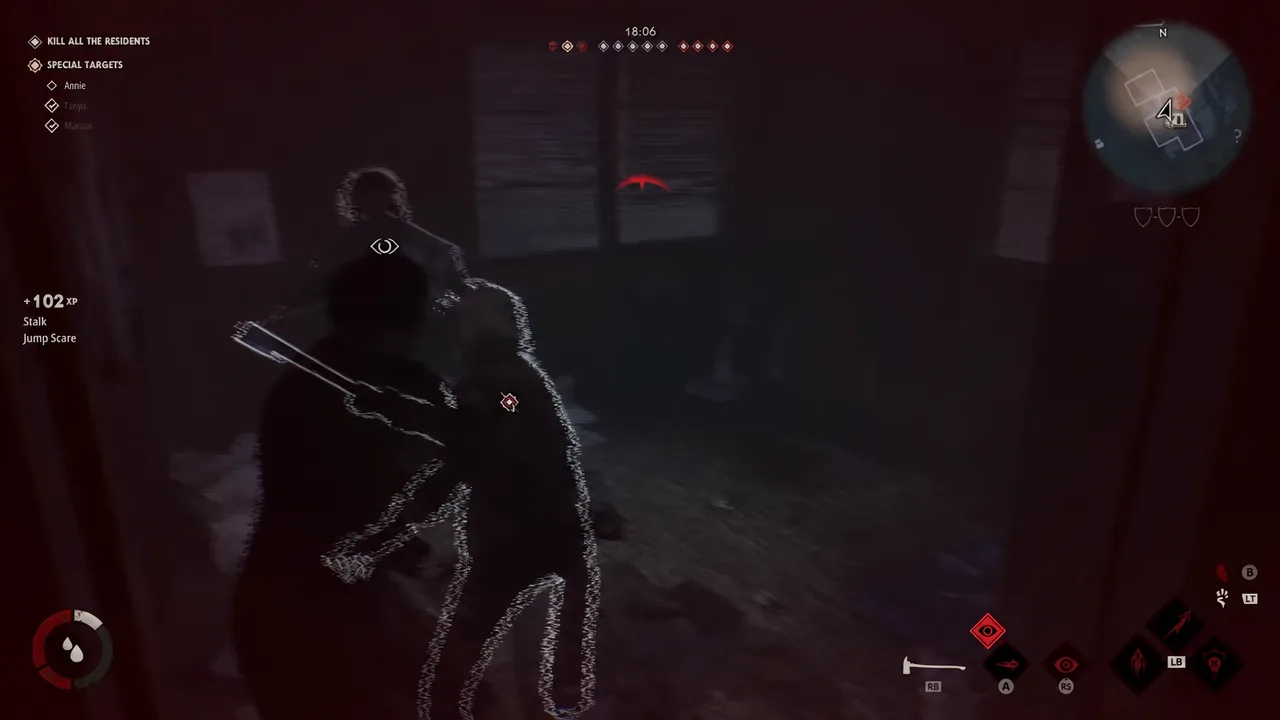 An outlined resident visible through the stalk highlight as Michael closes in for a kill