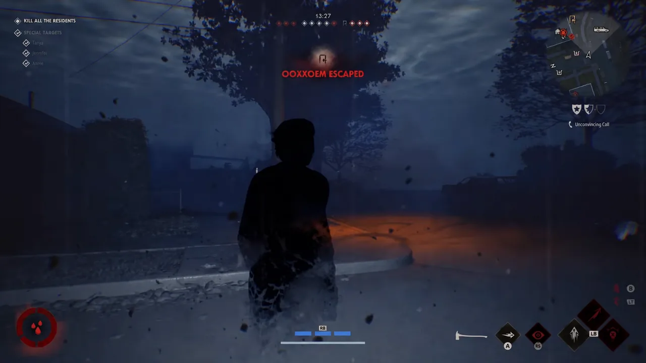 Red on-screen alert announcing that a player has escaped while the kill objective is still active