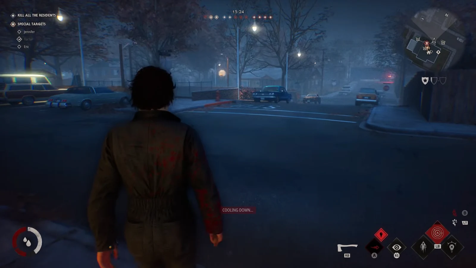 Night street gameplay with the Kill All the Residents objective and a cooling down ability indicator on screen