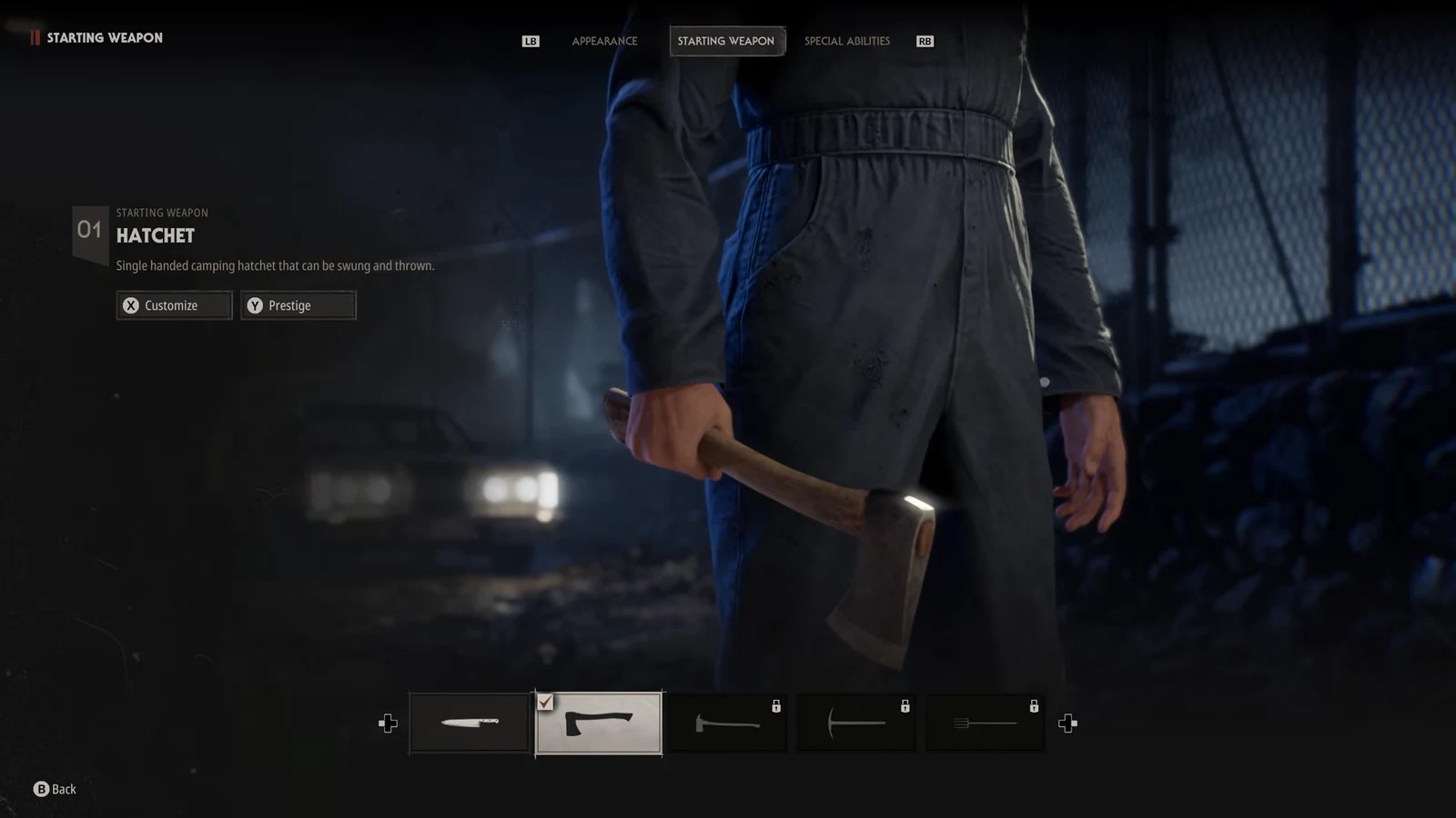 Starting Weapon menu with the Hatchet selected and Customize and Prestige options shown