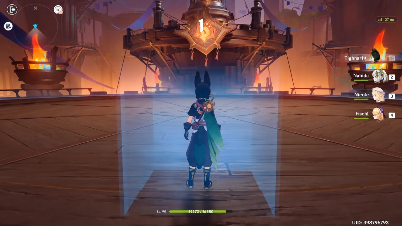 Tighnari fighting inside a blue field effect during a Stygian Onslaught battlefield
