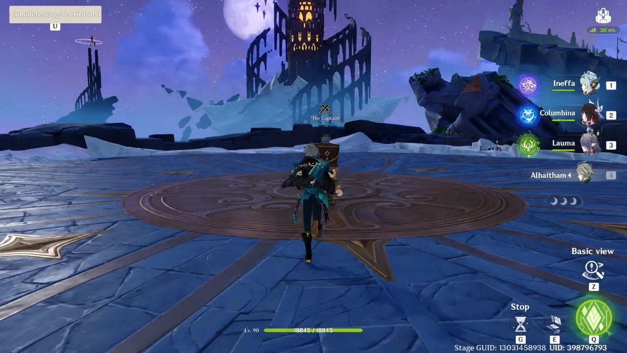 Gameplay screen showing an active Complete stage and exit timer while the character crosses the arena