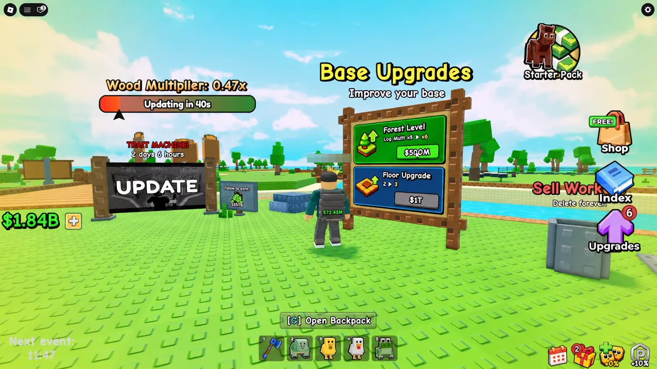 Base Upgrades menu in My Timber Pets with the Forest Level option highlighted