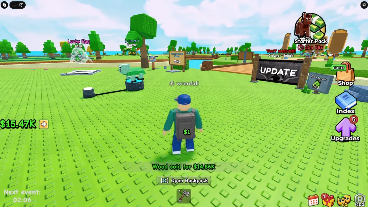 Early game base in My Timber Pets with a low-tier pet chopping trees on the starting island
