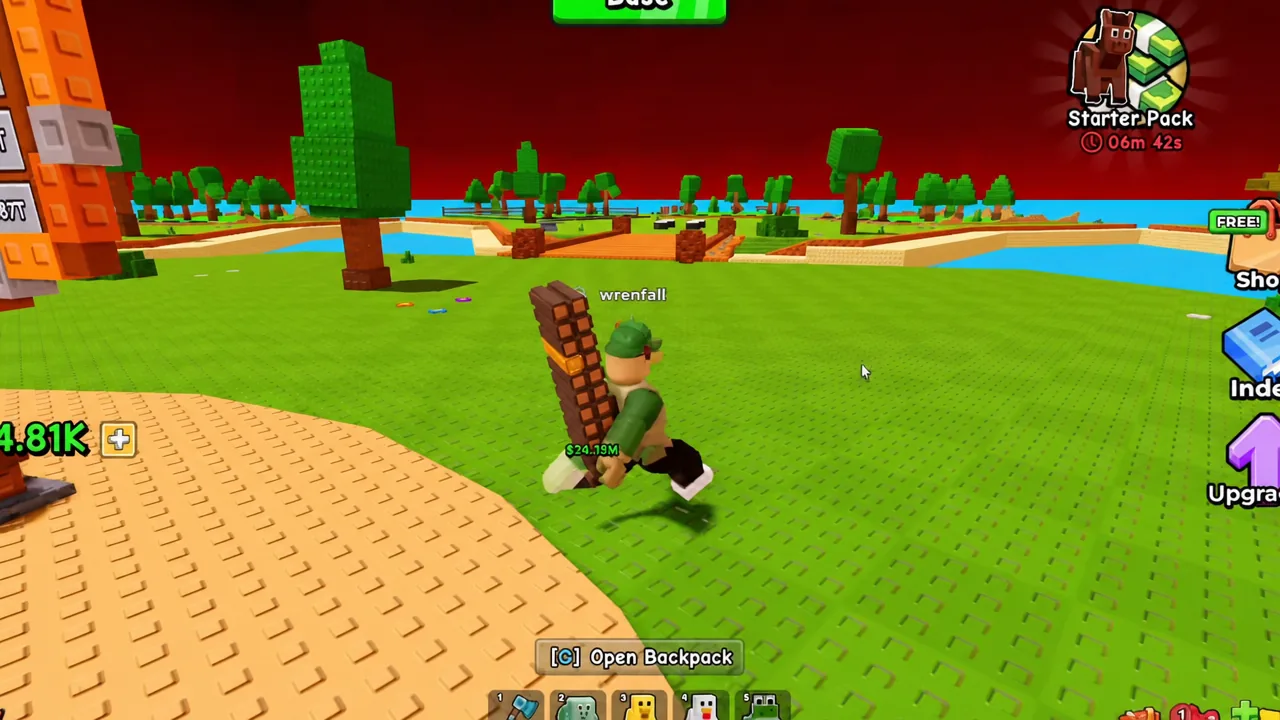 The [C] Open Backpack prompt on screen as the player walks across their base