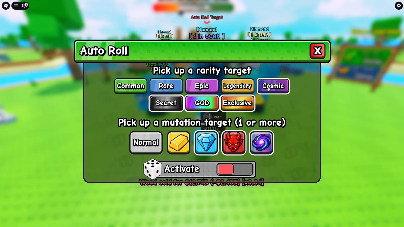 Auto Roll menu with Cosmic rarity and diamond mutation targets selected and the Activate toggle being switched on