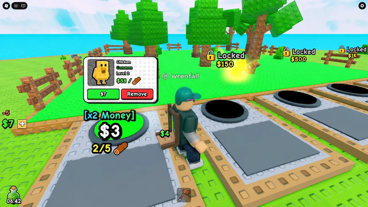 Early upgrade tree in My Timber Pets showing Luck, Chop Time and Storage options