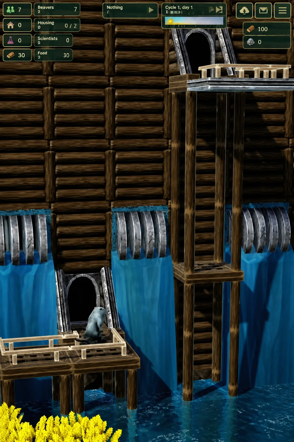 A new Timberborn colony on Cycle 1, day 1, with resource counters visible and a beaver on a water platform