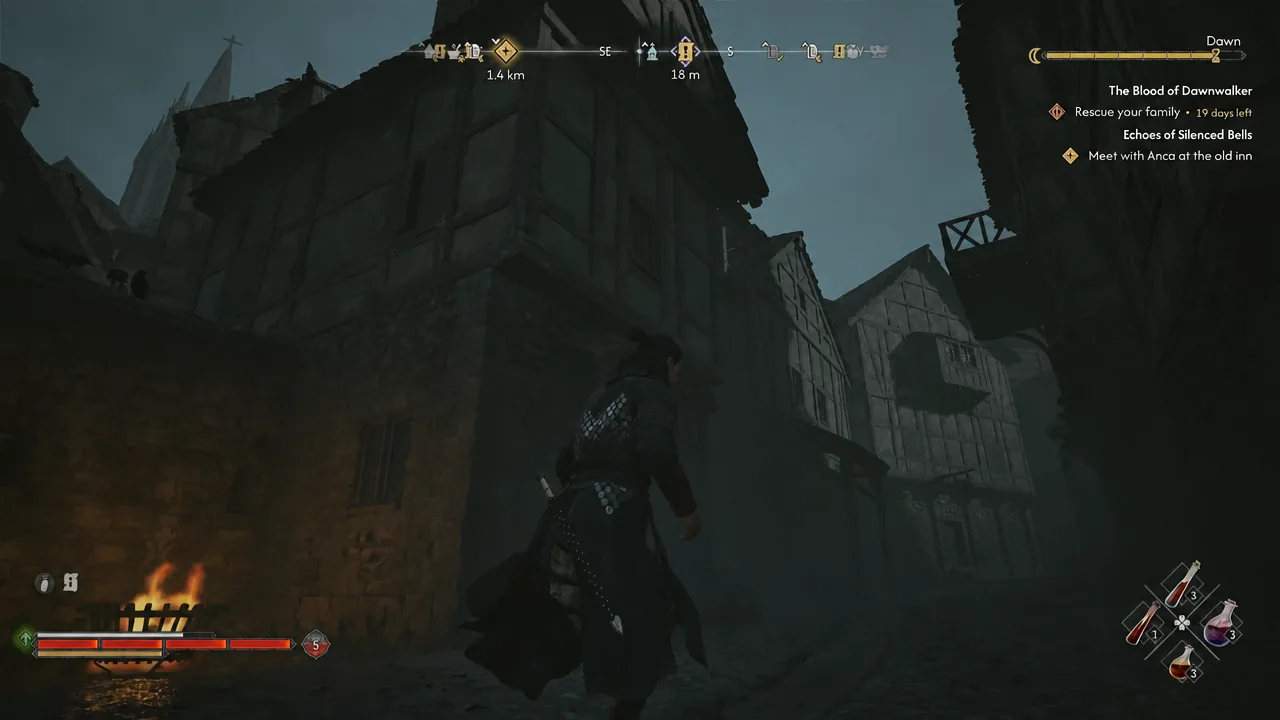 Quest tracker guiding the player through Svartrau City toward a nearby objective marker