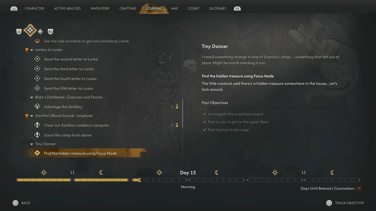 Journal entry showing the objective to find the hidden treasure using Focus Mode with earlier steps completed
