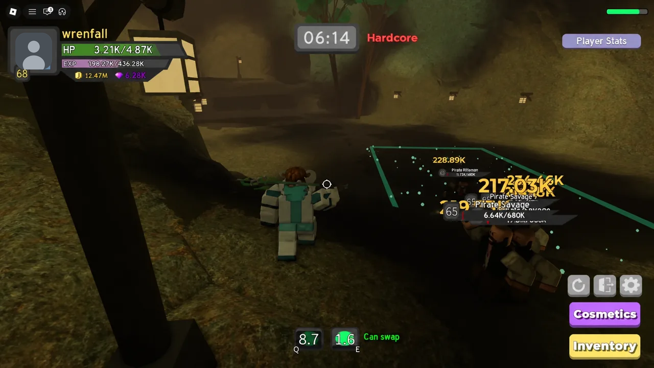 Player attacking Pirate Salvage enemies on Hardcore with the green Can swap prompt on screen