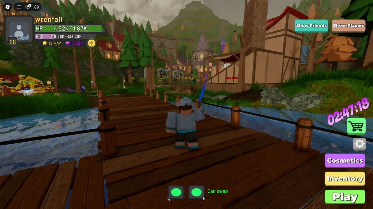 Dungeon Quest Reborn town hub with the character standing on the bridge and the Play button on the right