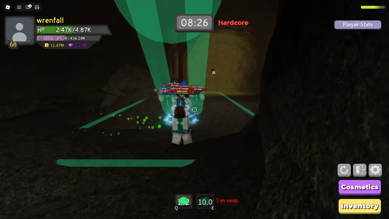 Hardcore run showing the player hitting a packed group of enemies with the combat HUD visible