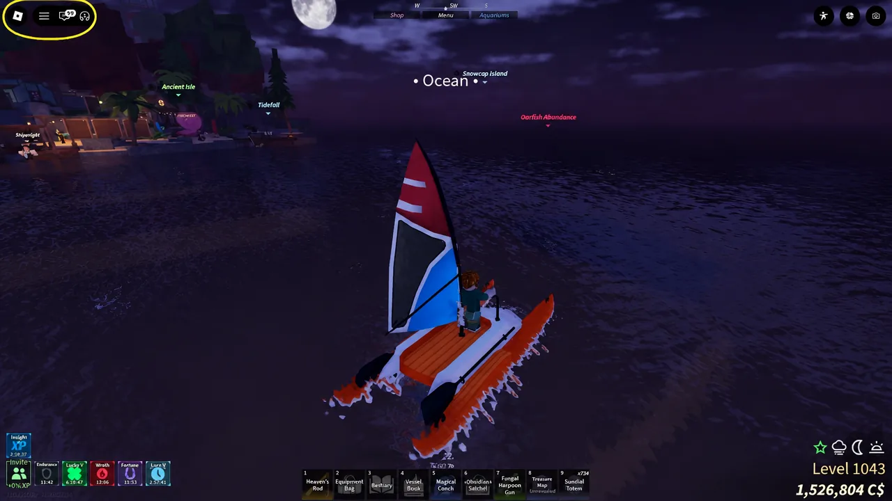 Opening the Fisch menu with the highlighted button in the top-left corner while out on the ocean