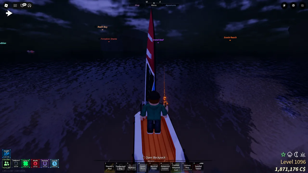 Player sailing a boat across open water in Fisch with the E Open Backpack prompt on screen