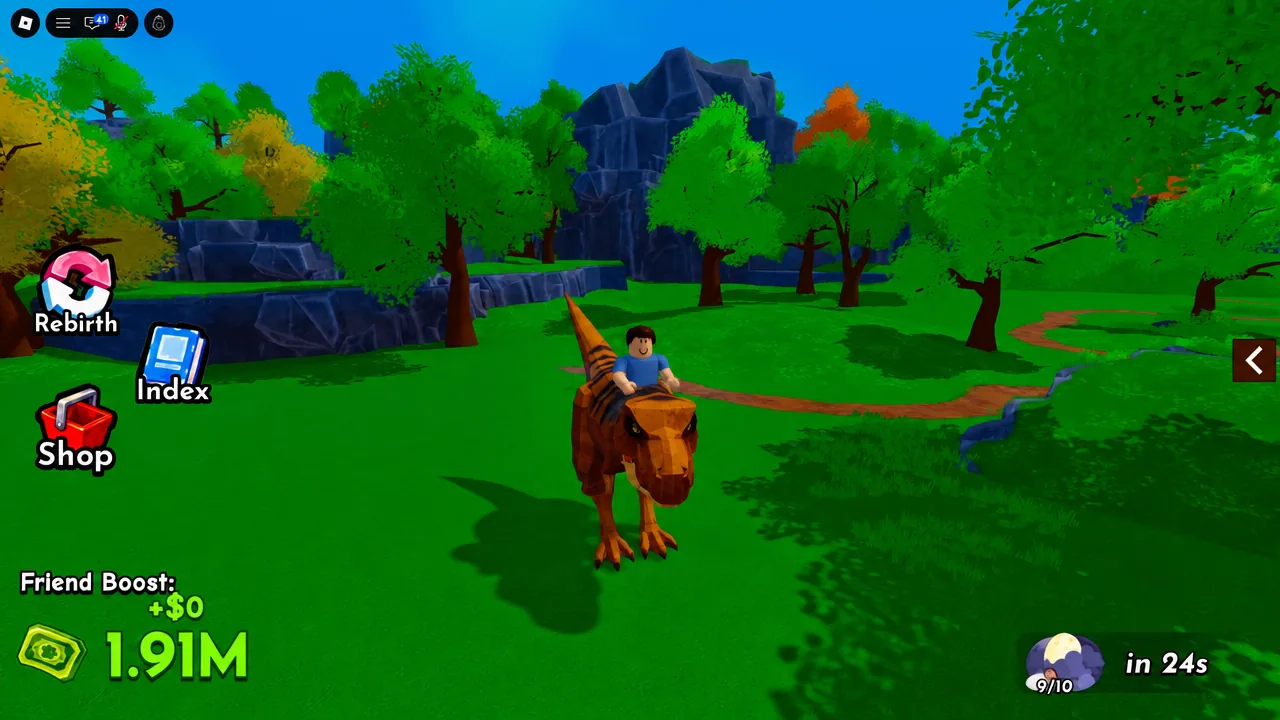 Ride A Pet HUD showing Rebirth, Index, and Shop buttons while riding a dinosaur pet