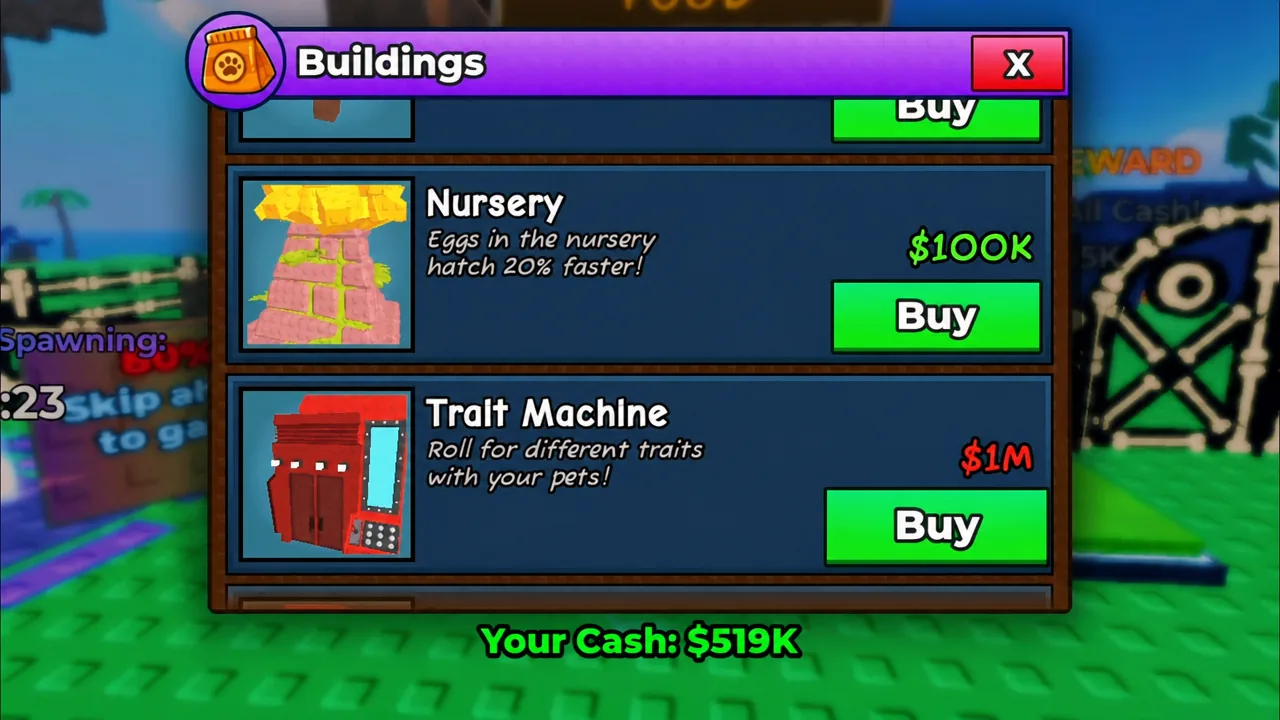 Buildings menu listing Nursery and Trait Machine entries with Buy buttons