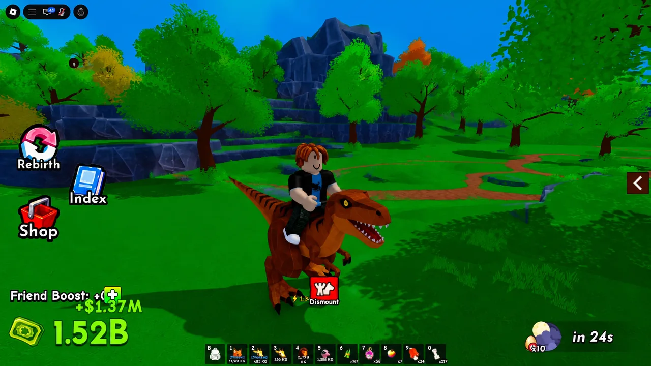 Player mounted on a dinosaur pet in Ride A Pet with the red Dismount button on screen