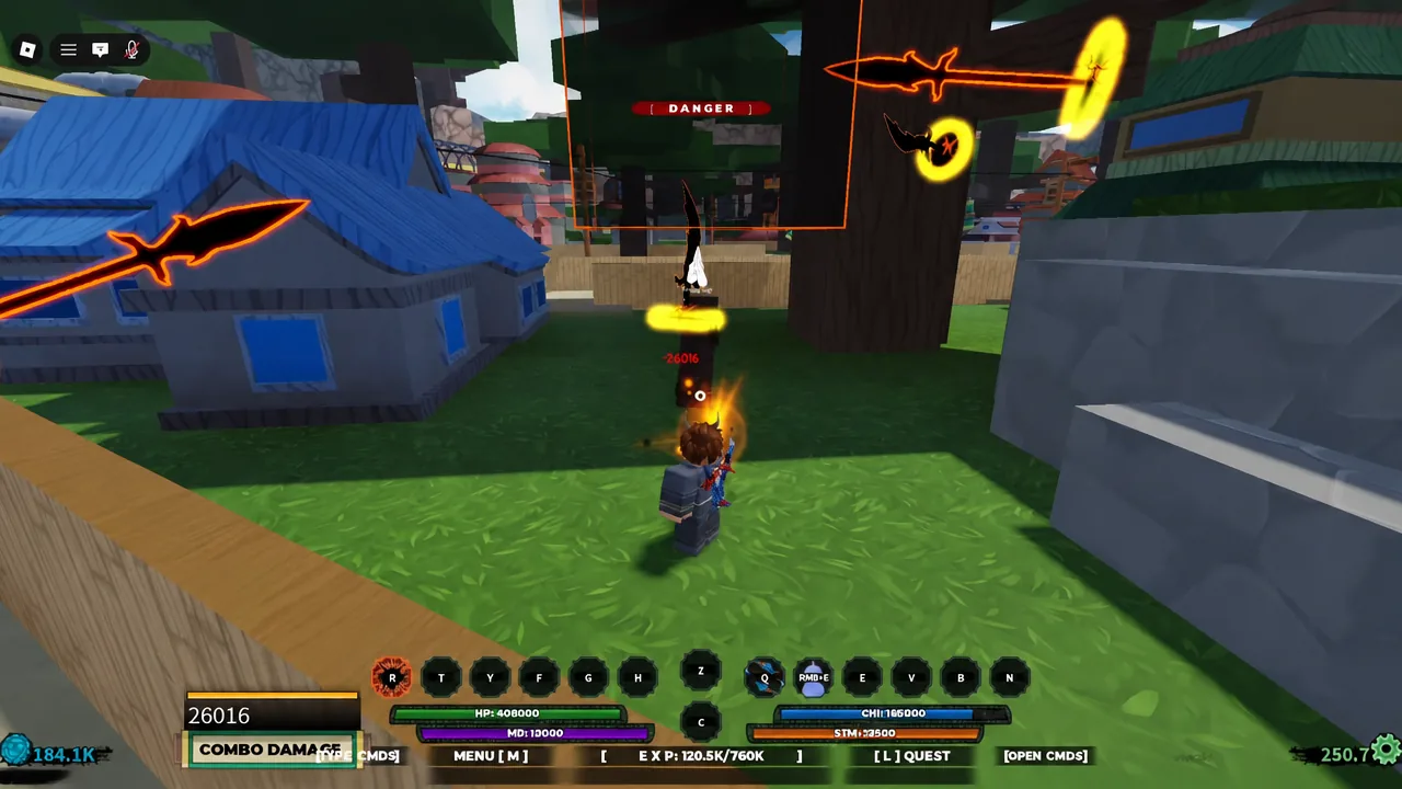 Highlighted enemy target being hit during a Shindo Life element ability test