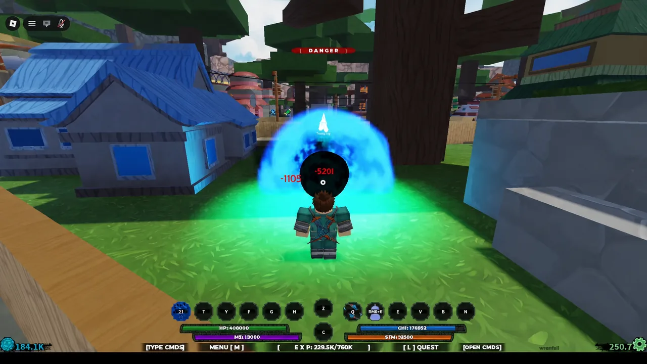 Player character striking a target with a bright blue energy attack as damage numbers stack on screen
