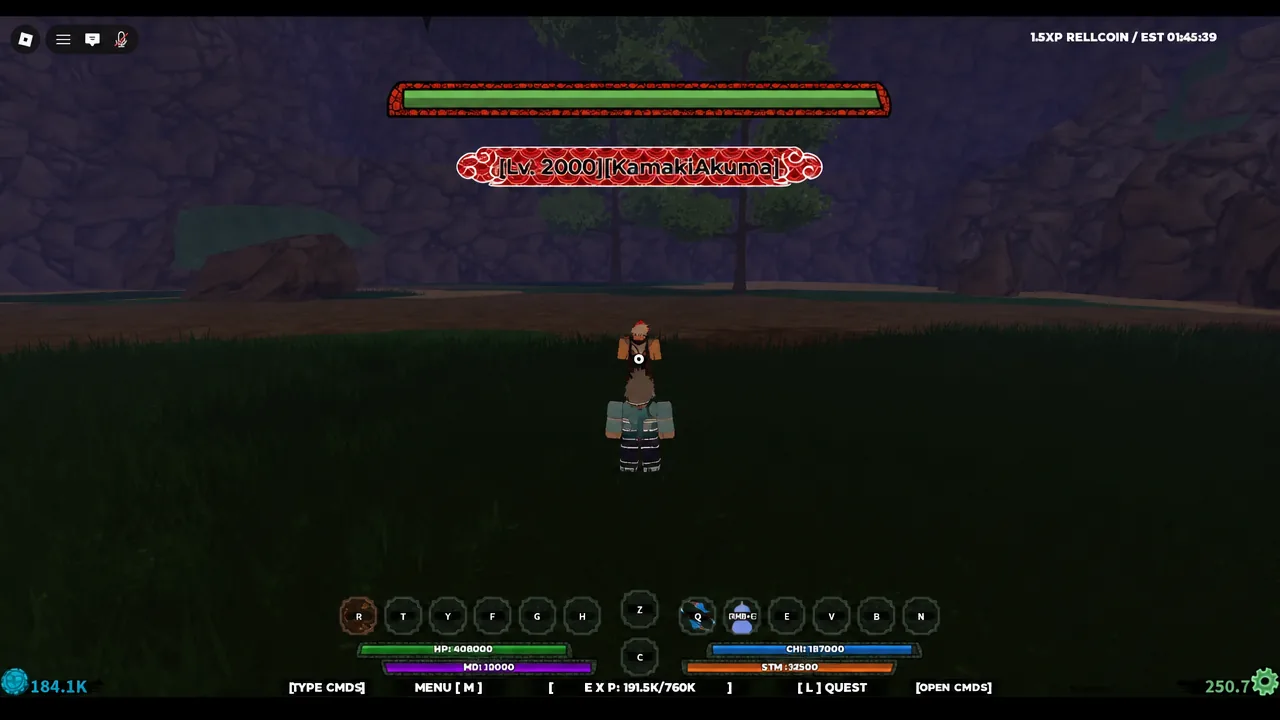 Combat screen with a Lv. 2000 Kamaki Akuma enemy targeted before an ability test