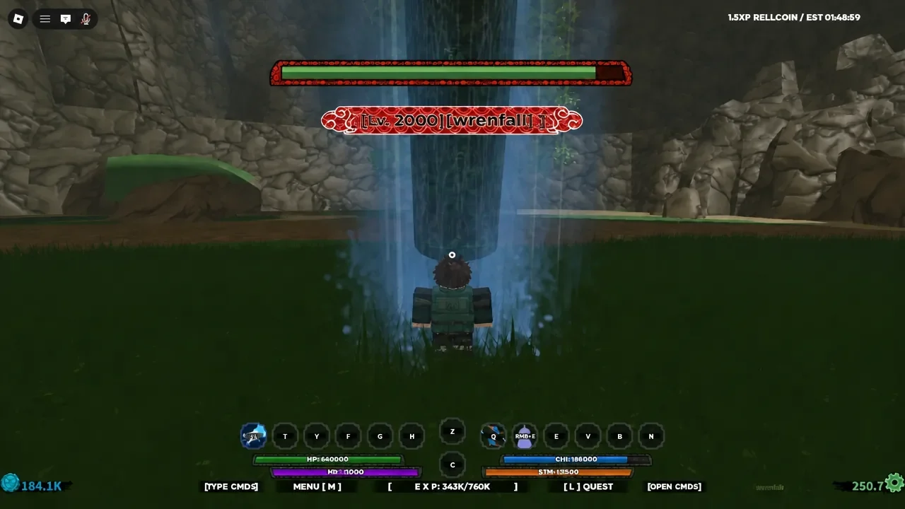 Boss health bar on screen as the player stands in a waterfall mid-fight