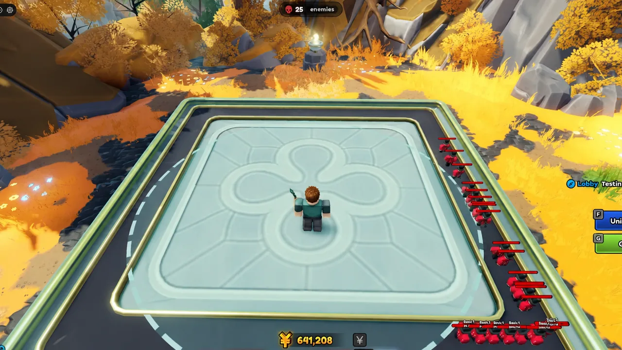 Player character standing on the arena platform as a wave of 25 enemies advances along the path