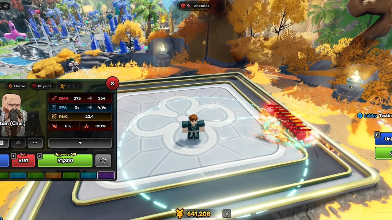 Head Captain Char placed on the map with flame attacks burning enemies moving down the lane