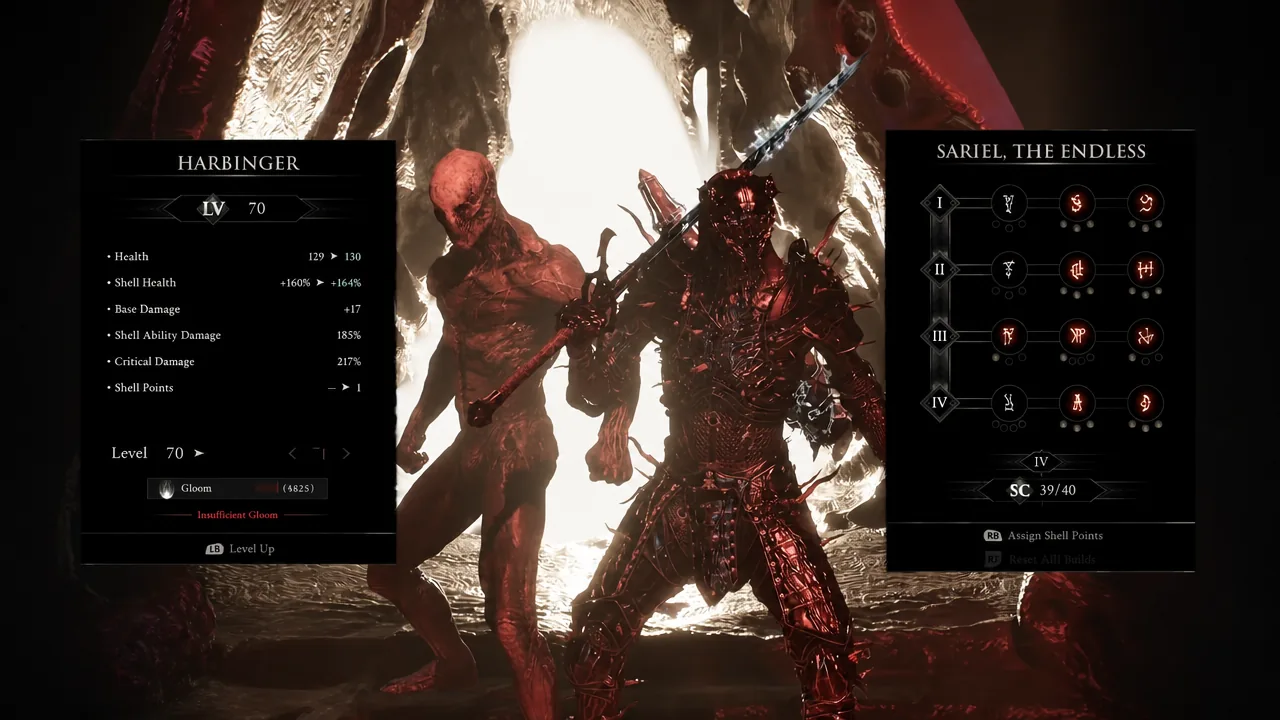 Sariel the Endless Shell Point tree open on the level-up screen during point assignment