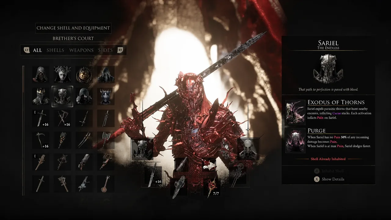 Change Shell and Equipment screen with Sariel the Endless selected and its abilities listed