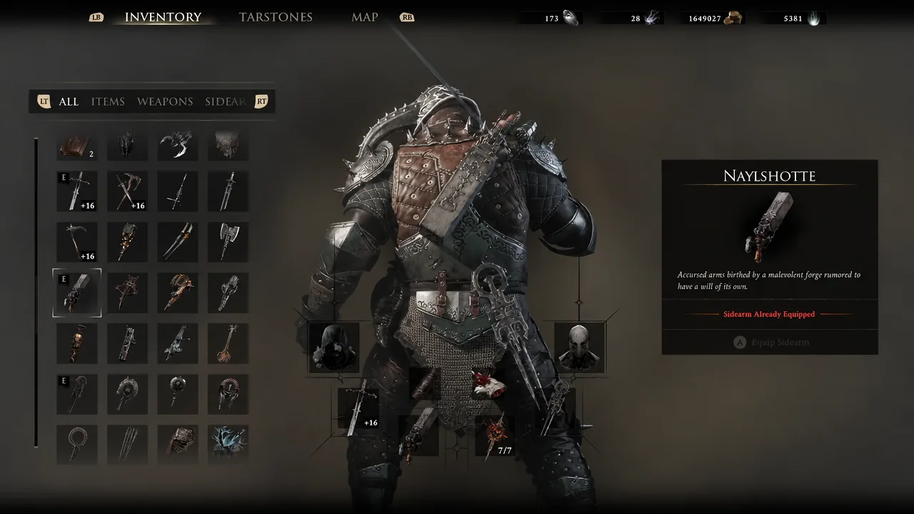 Inventory screen with the Naylshotte sidearm highlighted and equip option unavailable
