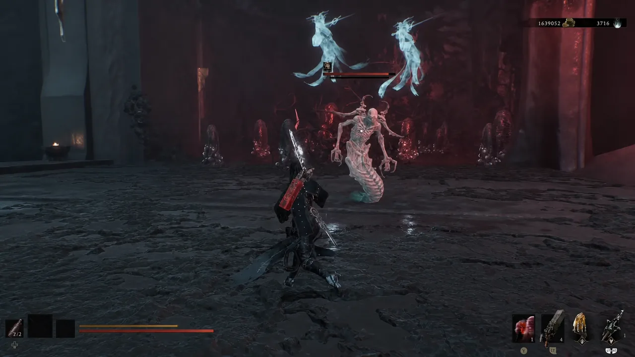 Genessa in Stray Form fighting a floating enemy alongside two spectral clone figures