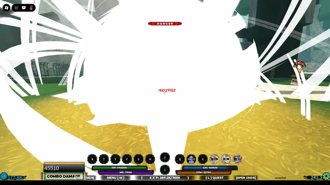Fume attack impact in Shindo Life with a DANGER alert and combo damage readout on screen