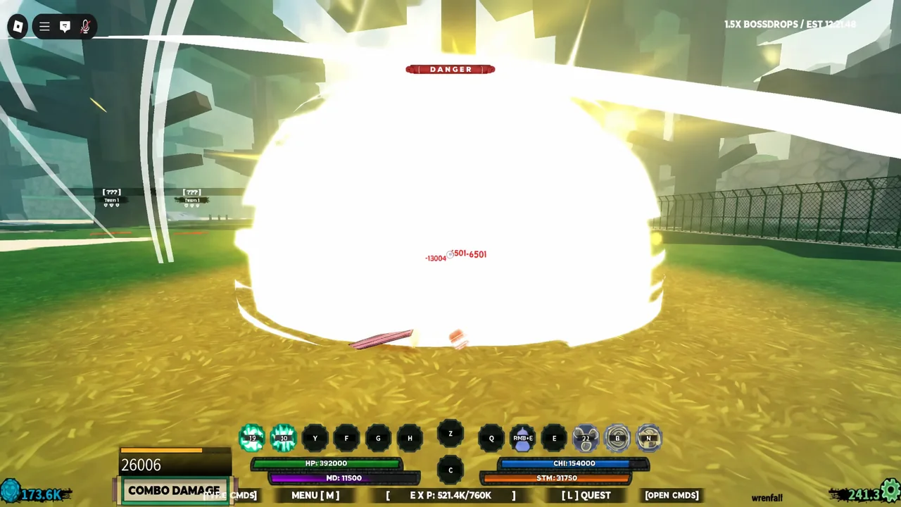COMBO DAMAGE panel highlighted on the Shindo Life HUD as an attack explosion hits the target