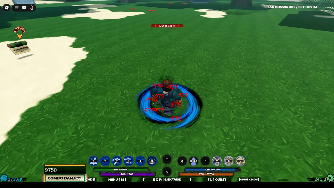 Pyromania area attack in Shindo Life with red damage numbers stacking during a DANGER state