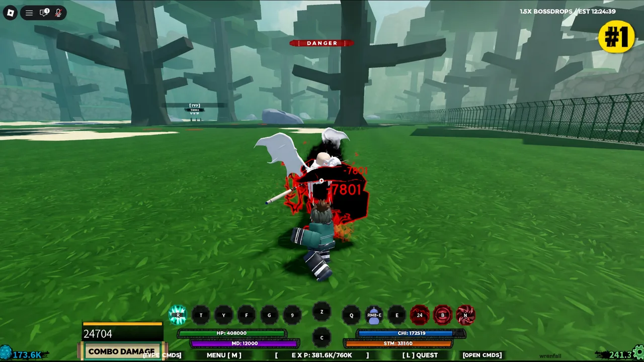 Getsuga combo landing on an enemy in Shindo Life with the combat hotbar and damage numbers visible