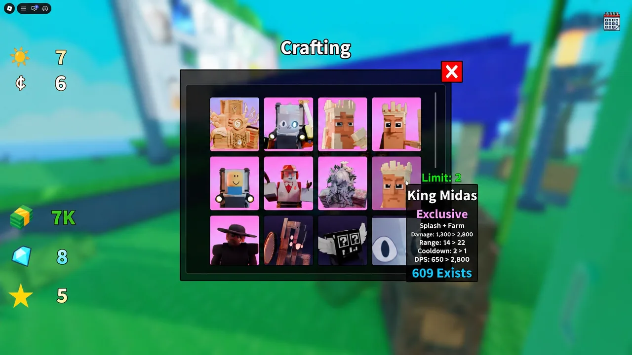 Crafting screen with King Midas selected and its damage, range and DPS tooltip open