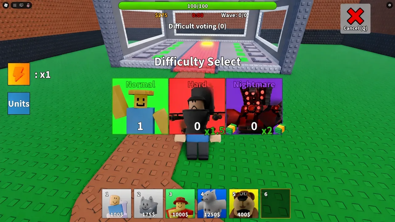 Freddy Trashcan and Skibidi Toilet placed at the start of the path on Normal difficulty