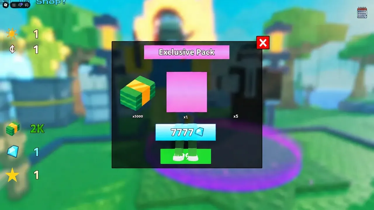 Exclusive Pack purchase window showing the 7,777 gem price and green buy button