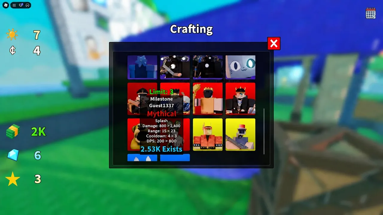 Mythical Milestone Guest1337 highlighted in the crafting list with its stats displayed