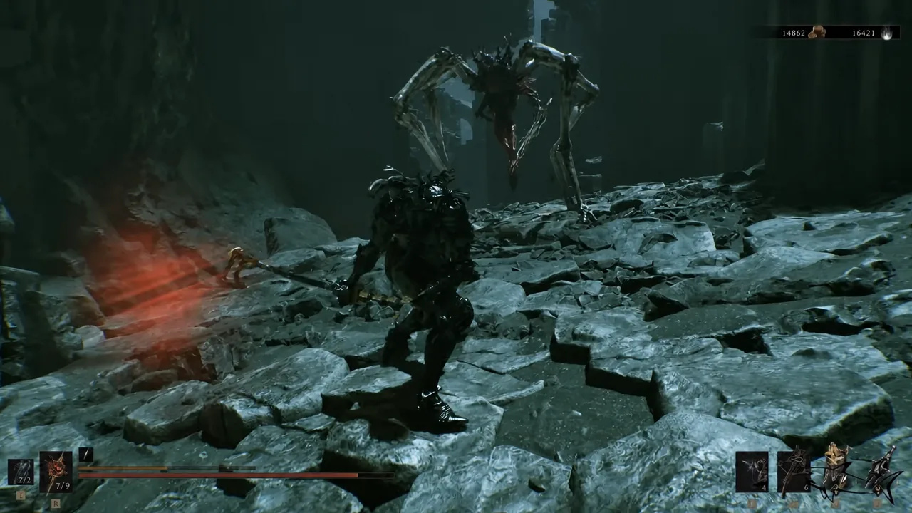 Armored player character trading blows with a hovering skeletal enemy, HUD bars visible