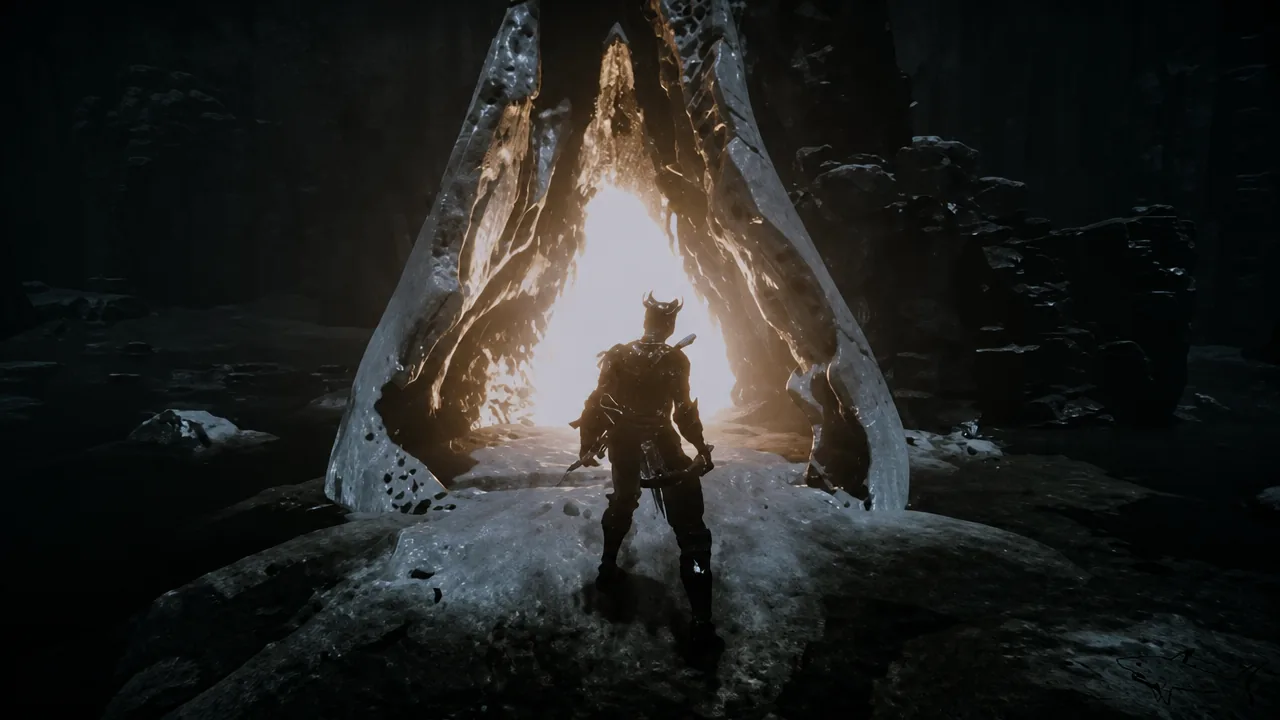 The Ossinite Falls beacon beside the tall waterfall and bone structure in Withered Shoals