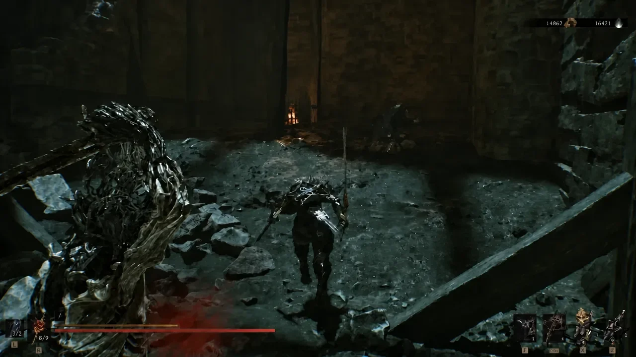 Player facing a large armored enemy inside a ruined stone chamber