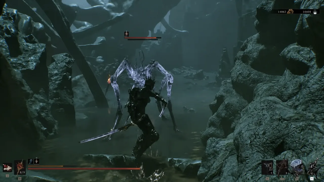 Player fighting a spider-like crawling enemy with a sword on the path through Withered Shoals