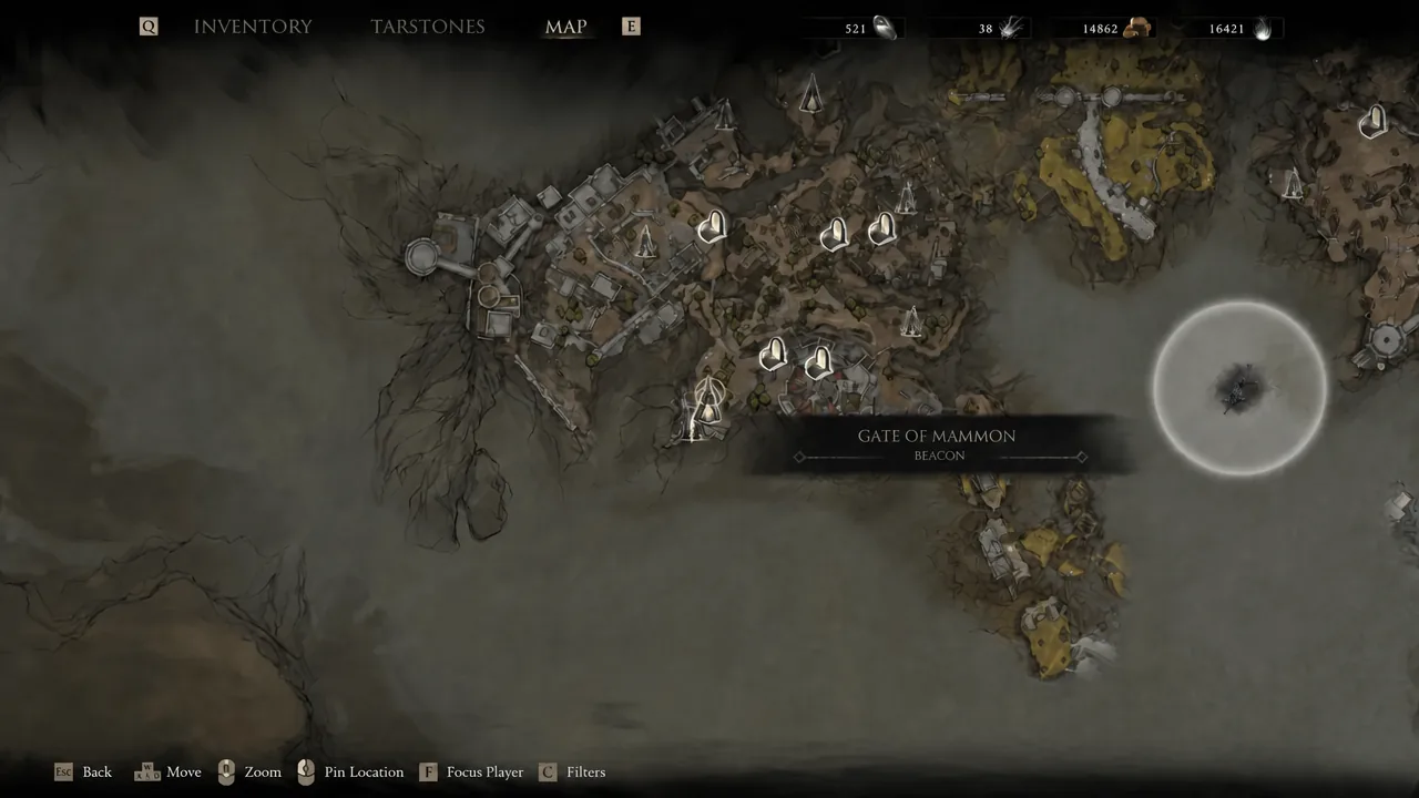 Mortal Shell 2 map screen focused on the Gate of Mammon beacon marker